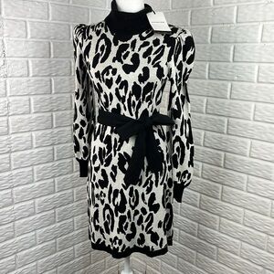 WHO WHAT WEAR Leopard Print Balloon Long Sleeve Knit Sweater Dress Black XS NWT